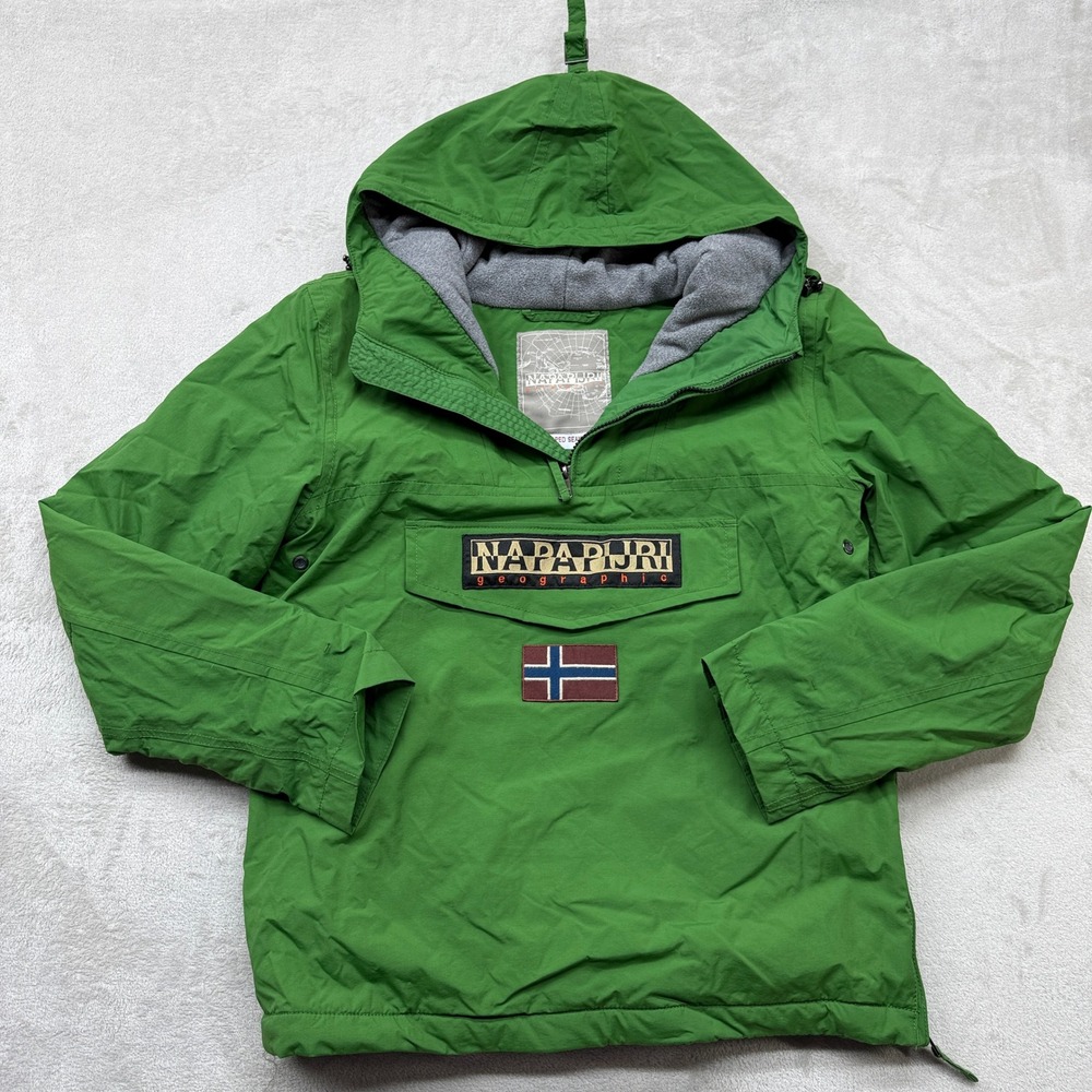 Napapijri Jacket Men Medium Green Rainforest Anorak Fleece Lined Pullover Hooded